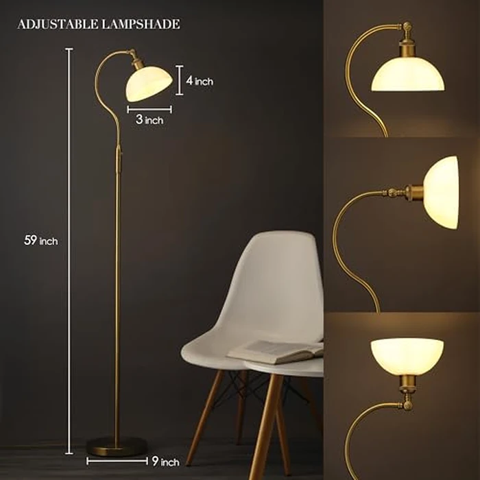 O’Bright Heritage - Banker’s Floor Lamp, 3-Level Touch Dimming, Adjustable Tilt Shade, Removable Lampshade Design, E26 Socket with 6W Dimmable LED Bulb, White Jade Glass Shade, Antique Brass by O'Bright - Image 3