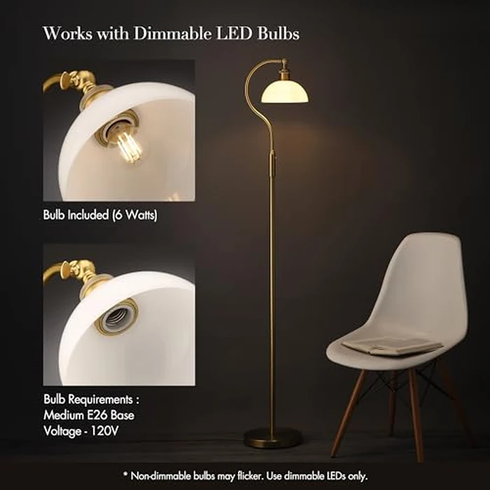 O’Bright Heritage - Banker’s Floor Lamp, 3-Level Touch Dimming, Adjustable Tilt Shade, Removable Lampshade Design, E26 Socket with 6W Dimmable LED Bulb, White Jade Glass Shade, Antique Brass by O'Bright - Image 4