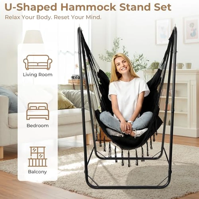 SELFLA Hammock Chair with Stand, Heavy-Duty Steel Hammock Stand for Indoor & Outdoor Use, Solid Support & Stable Base, 220 lbs Capacity, U-Shaped Design, Easy Assembly, Hammock Chair Included - Black by SELFLA - Image 2