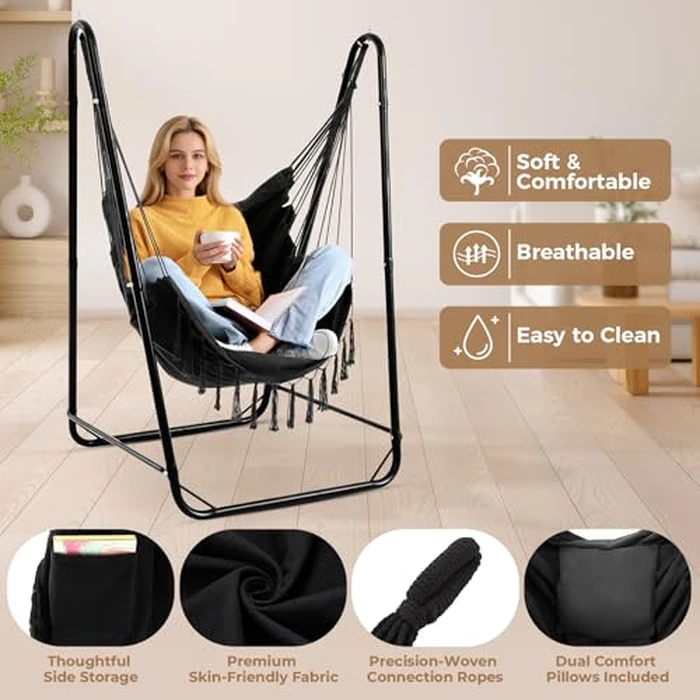 SELFLA Hammock Chair with Stand, Heavy-Duty Steel Hammock Stand for Indoor & Outdoor Use, Solid Support & Stable Base, 220 lbs Capacity, U-Shaped Design, Easy Assembly, Hammock Chair Included - Black by SELFLA - Image 4
