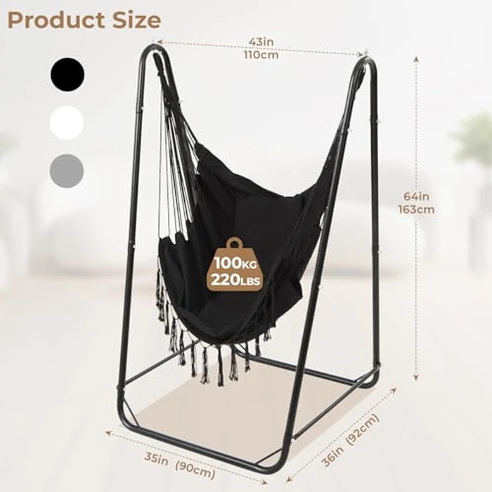 SELFLA Hammock Chair with Stand, Heavy-Duty Steel Hammock Stand for Indoor & Outdoor Use, Solid Support & Stable Base, 220 lbs Capacity, U-Shaped Design, Easy Assembly, Hammock Chair Included - Black by SELFLA - Image 5