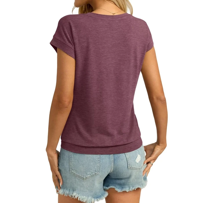 Micticsi Womens V Neck Cap Sleeve T Shirts Banded Bottom Top Loose Fit Short Sleeves Tee Casual Summer Basic Tops 2025 Wine Red by Micticsi - Image 5
