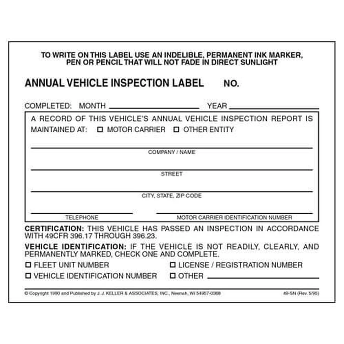 100-Pack, Annual Vehicle Inspection Label, 2-Ply Adhesive Vinyl, Prenumbered, DOT Compliant, J. J. Keller & Associates, Inc. by J. J. Keller & Associates, Inc. - Used - Like New condition