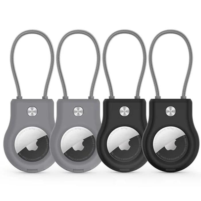 AirTag Keychain Holder - (4 Pack) Airtag Lock Case with Wire Cable Compatible with Apple AirTags,Ultra Durable Anti-Lost Protective Case with Keyring for Luggage, Key, Backpack, Pet, Bag Black/Grey by motande - Image 1