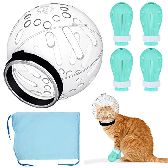 PETKNOWS Cat Helmet for Grooming - Adjustable Hood Bubble Helmet with Boots Paw Covers and Bath Bag for Cat Dog Pet Bathing Shaving by PETKNOWS - Used - Very Good condition