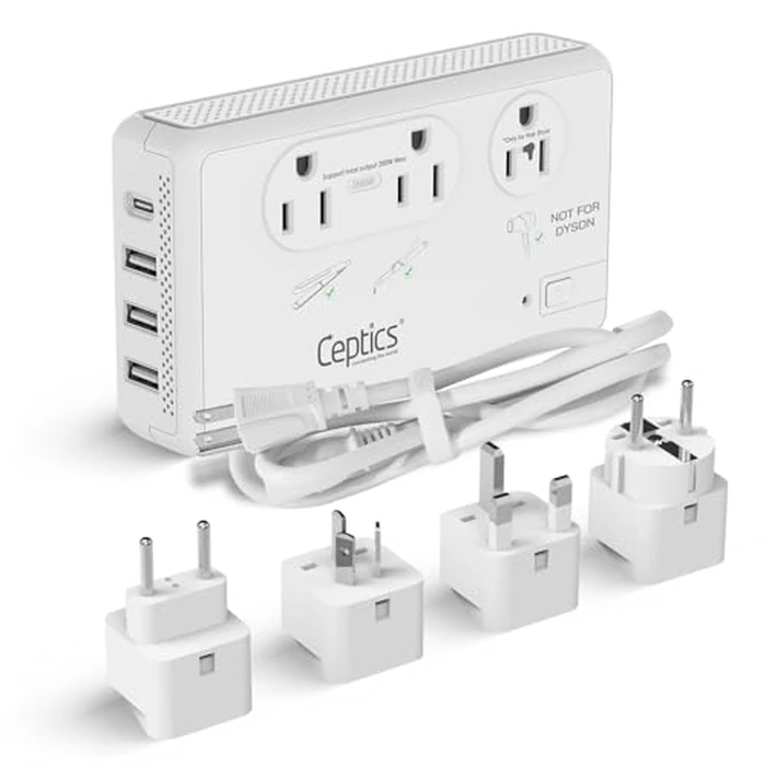 Ceptics 2000W Voltage Converter for Travel, 220V to 110V Converter w/Type C, E/F, G, I Plugs, 2000W Hair Dryer Outlet, 4 USB w/ 1 USB-C PD 18W Fast Charge by Ceptics - Image 1