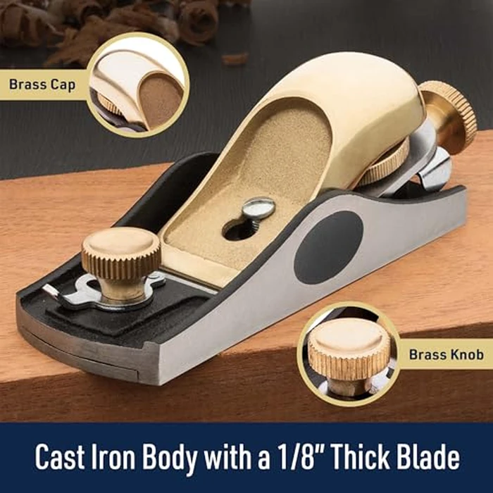 Low Angle Block Plane - Wood Planer Hand Tool with 1/8” Blade, Cast Iron Body, and Brass Knobs and Cap - Hand Planer for Woodworking with Adjustable Mouth for Thin Shavings by Kings County Tools by Kings County Tools - Image 2