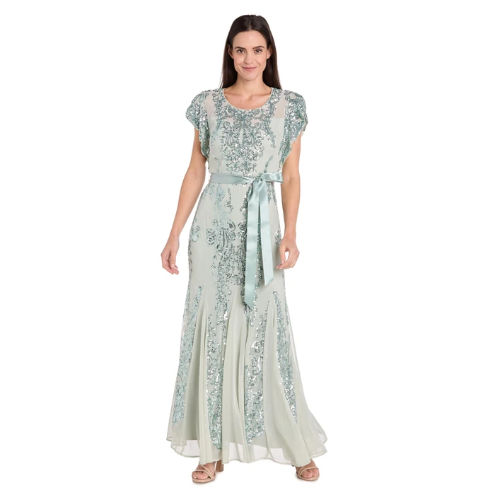 R&M Richards Women's Long Sequin Beaded Flutter Sleeve Gown W/Mesh Godet Skirt & Satin Sash Sage by R&M Richards - Used - Like New condition - US$151.24