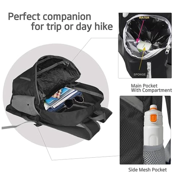 BEMYGREENBAG 35L Foldable Waterproof Backpack For Outdoor Sports With Inside Wet Clothes Compartment Packable For Multiple Uses Ultra Lightweight Ideal For Hiking Men And Women Travel(Black) by BEMYGREENBAG - Image 3