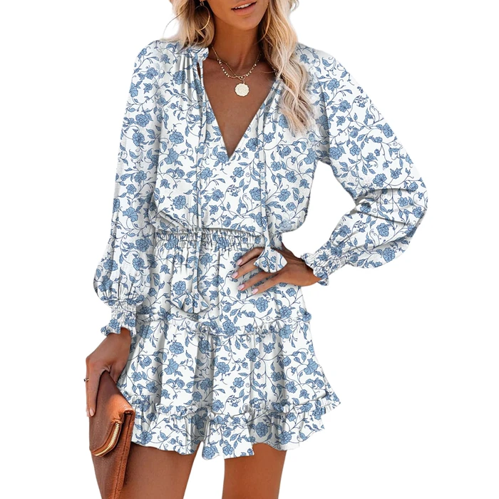 Dokotoo Fall Dresses for Women Casual Sexy Deep V Neck Ruffle Chiffon Floral Print Easter Dress Western Outfit Long Sleeve Elegant Empire Waist Flowy Mini Short Skirt Sun Dresses Party 2025 Medium by Dokotoo - Image 1