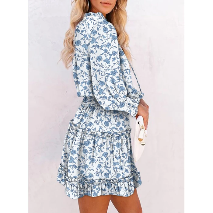 Dokotoo Fall Dresses for Women Casual Sexy Deep V Neck Ruffle Chiffon Floral Print Easter Dress Western Outfit Long Sleeve Elegant Empire Waist Flowy Mini Short Skirt Sun Dresses Party 2025 Medium by Dokotoo - Image 2