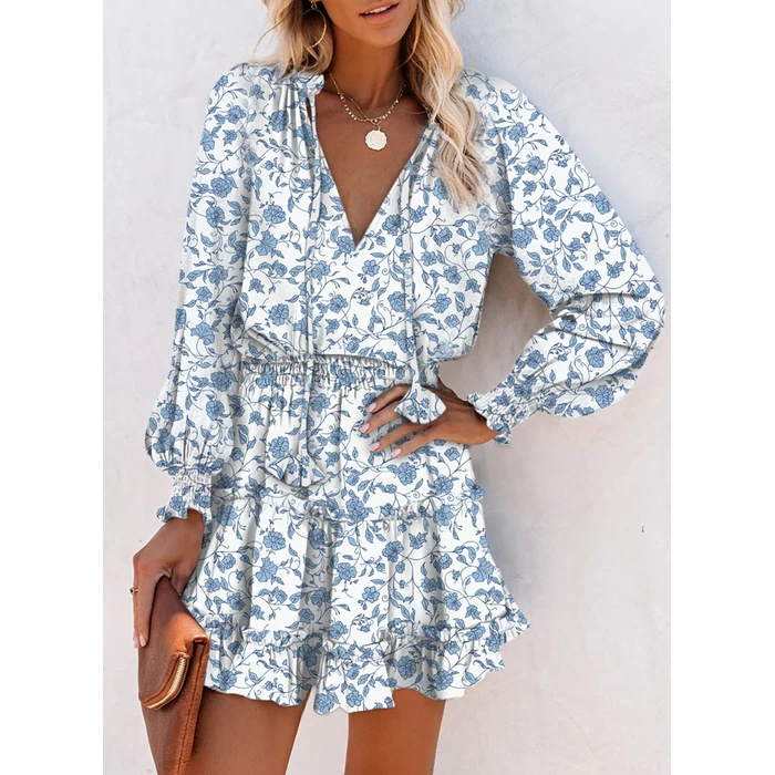 Dokotoo Fall Dresses for Women Casual Sexy Deep V Neck Ruffle Chiffon Floral Print Easter Dress Western Outfit Long Sleeve Elegant Empire Waist Flowy Mini Short Skirt Sun Dresses Party 2025 Medium by Dokotoo - Image 3