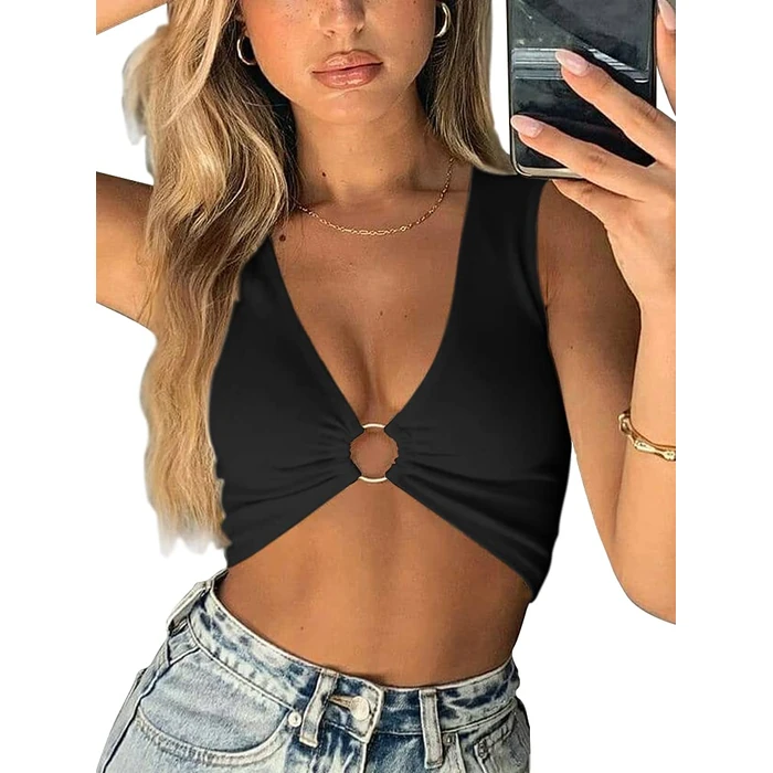 AEVZIV Sexy Crop Tops for Women Sleeveless Deep V Neck Workout Tops Plunge Ring Cleavage Cropped Tank Top Black S by AEVZIV - Used - Like New condition