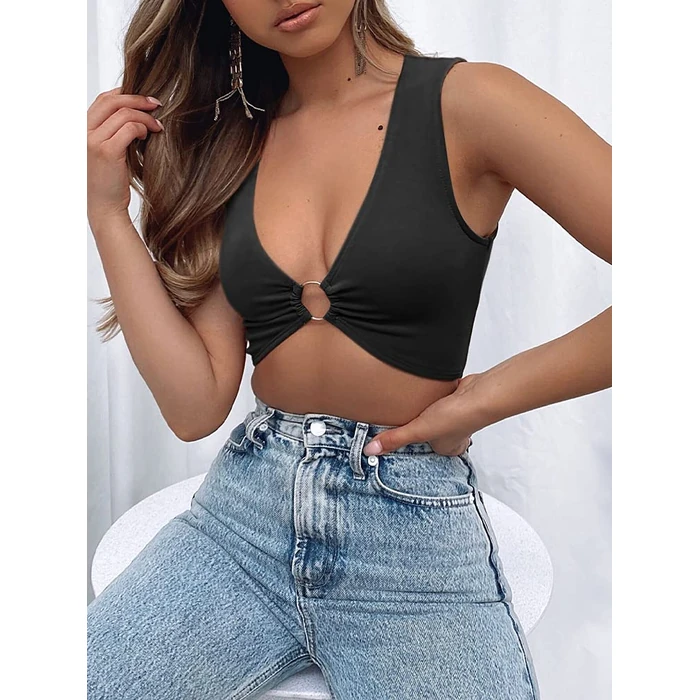 AEVZIV Sexy Crop Tops for Women Sleeveless Deep V Neck Workout Tops Plunge Ring Cleavage Cropped Tank Top Black S by AEVZIV - Image 5
