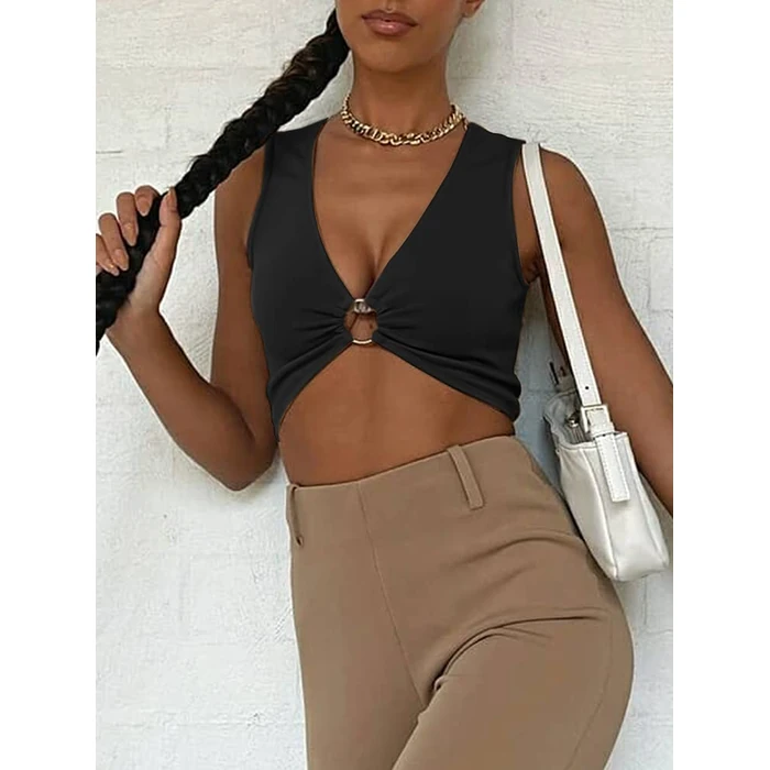 AEVZIV Sexy Crop Tops for Women Sleeveless Deep V Neck Workout Tops Plunge Ring Cleavage Cropped Tank Top Black S by AEVZIV - Image 6