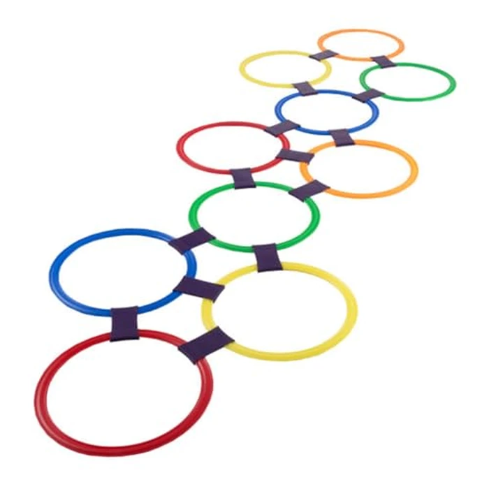 HEY! PLAY! Hopscotch Rings Game - Ten 11-Inch Plastic Rings and 15 Connectors for Indoor and Outdoor Use - Play Set for Girls and Boys (Multicolored) by HEY! PLAY! - Used - Very Good condition - US$12.47