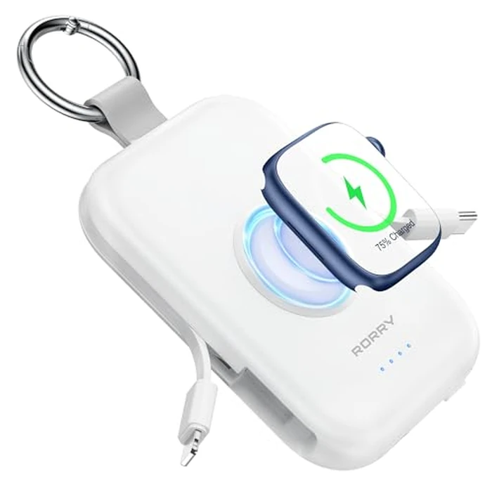 RORRY CharmGo Portable Charger, 5000mAh Portable Charger Power Bank with Built-in Cables, Travel Essentials Keychain Battery Pack for Apple Watch Ultra 3/2/11/10/9/8/7/6/SE, iPhone 17/16/15, White by RORRY - Used - Very Good condition
