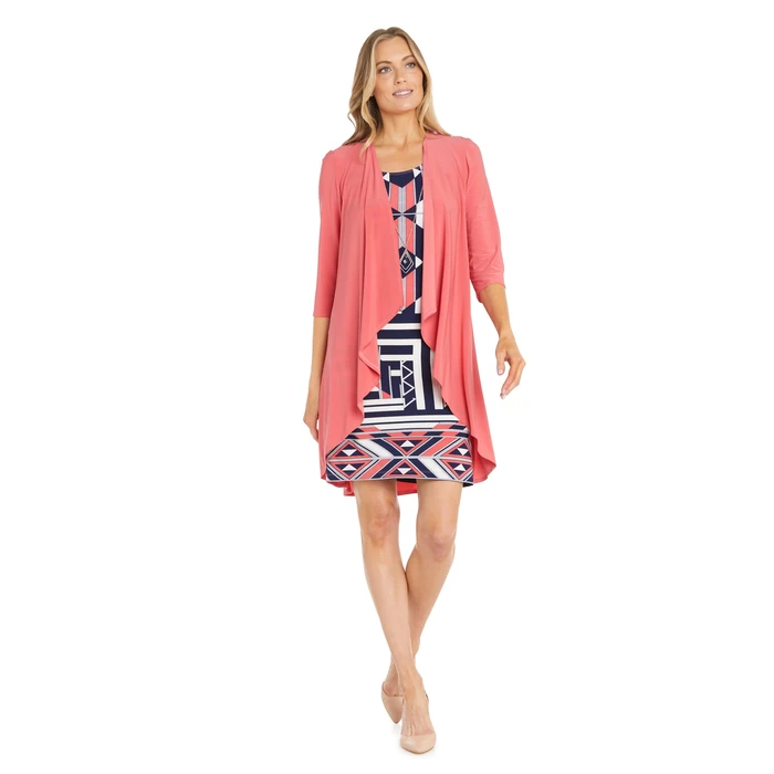 R&M Richards Women's Puff Print Sheath Dress & 3/4 Sleeves Coordinated Draped Jacket | Casual Semi/Formal Coral Navy by R&M Richards - Image 1