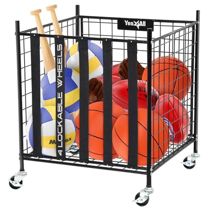 YES4ALL Rolling Ball Cart Storage with Lockable Wheels Volleyball Basketball Holder, Toy Balls Bin, Garage Cage, Storage Racks, Sports Equipment Organizer, Ball Rack for Outdoor Indoor Use by Yes4All - Image 1