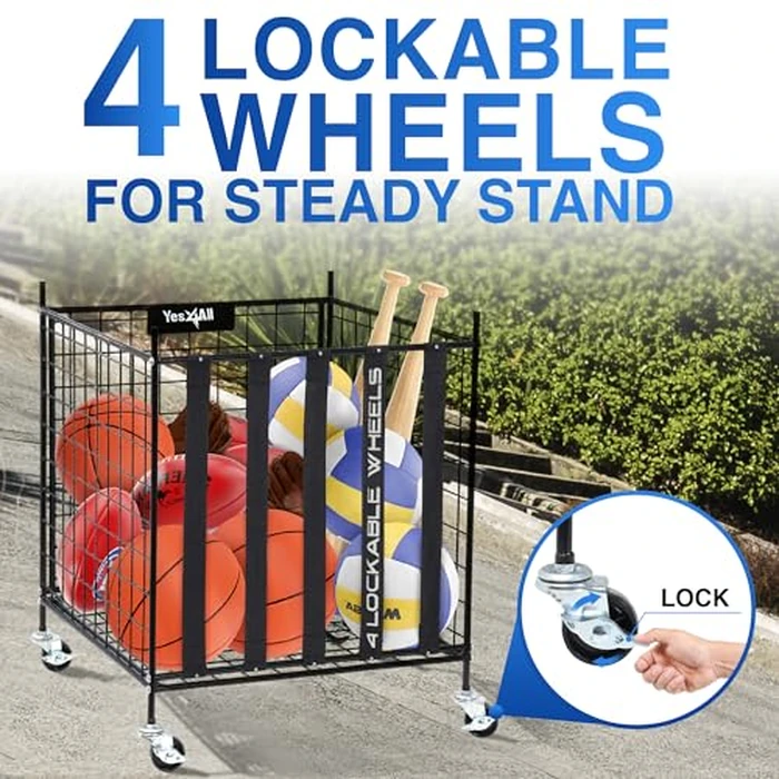 YES4ALL Rolling Ball Cart Storage with Lockable Wheels Volleyball Basketball Holder, Toy Balls Bin, Garage Cage, Storage Racks, Sports Equipment Organizer, Ball Rack for Outdoor Indoor Use by Yes4All - Image 4