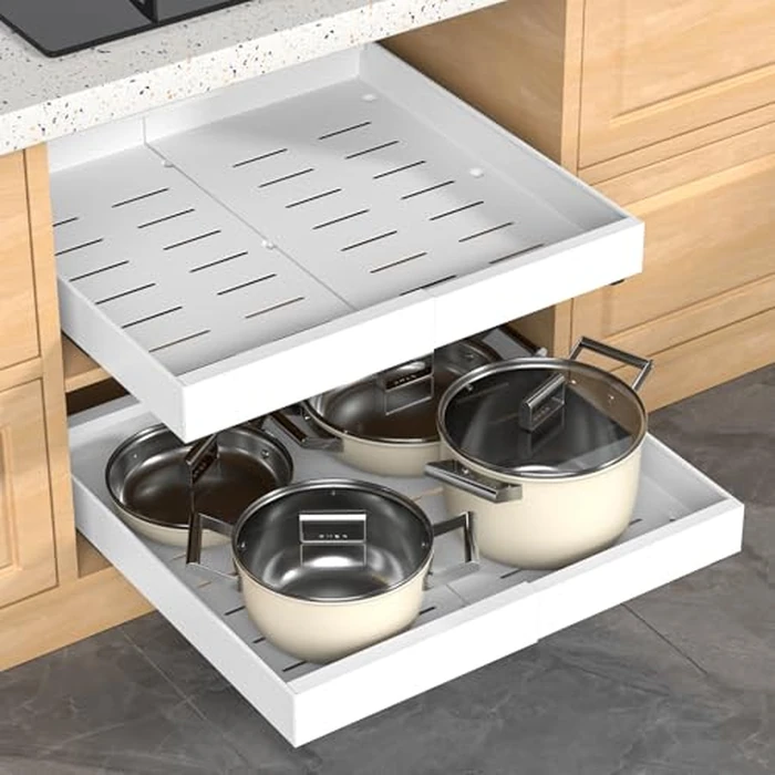 2 Pack Expandable Pull Out Cabinet Organizer, 21"Deep Slide Out Drawer with Nano Adhesive, Upgrade 3 Slide Rails Roll Out Shelf for Kitchen, Pantry or Bathroom, Adjustable Width 12.4"-20.2" by ZOINLIY - Image 1