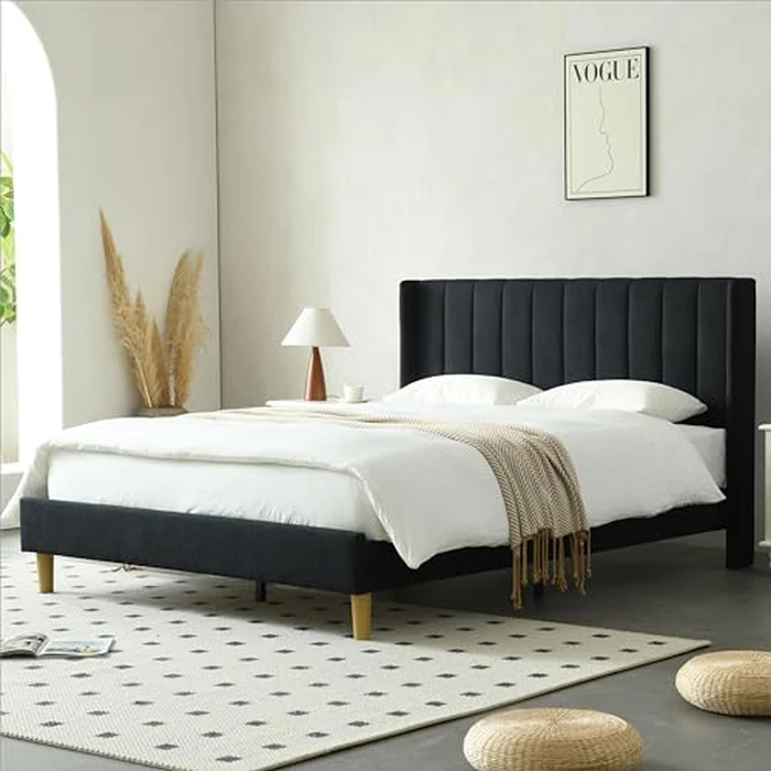 YUHUASHI upholstered Platform Bed Frame/Queen Bed Frame/Modern Geometric Double-Wing Design headboard/Linen Fabric/Easy to Assemble no Noise (Black, Queen (U.S. Standard)) by YUHUASHI - Used - Very Good condition - CA$242.99