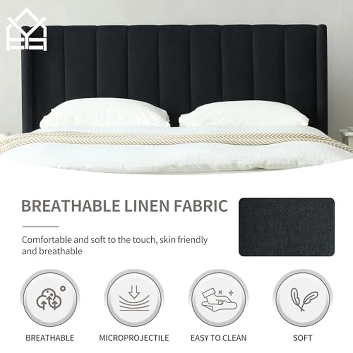 YUHUASHI upholstered Platform Bed Frame/Queen Bed Frame/Modern Geometric Double-Wing Design headboard/Linen Fabric/Easy to Assemble no Noise (Black, Queen (U.S. Standard)) by YUHUASHI - Image 5