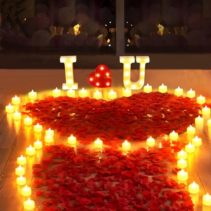 LAMATY 1027 Pcs I Love U Light Up Letters Proposal Decorations, I Love U Sign with 24 Pcs Heart Flameless Candles 1000 Pcs Rose Petals for Wedding Proposal Romantic Night Decor by LAMATY - Image 1