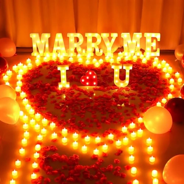 LAMATY 1027 Pcs I Love U Light Up Letters Proposal Decorations, I Love U Sign with 24 Pcs Heart Flameless Candles 1000 Pcs Rose Petals for Wedding Proposal Romantic Night Decor by LAMATY - Image 2