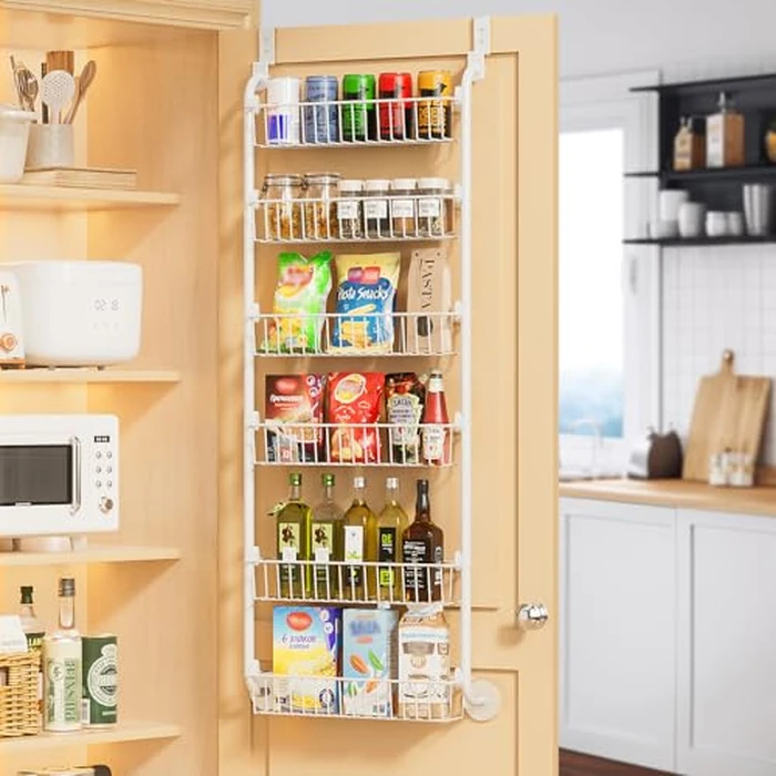 Delamu Over the Door Pantry Organizer, 6 Tier Pantry Organizers and Storage, Metal Cabinet Door Organizer, Hanging Spice Rack Shelves for Home & Kitchen, D5 x W18 x H50 inch, White by Delamu - Used - Acceptable condition