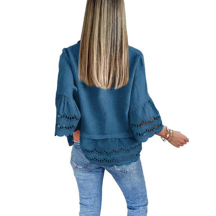 Cicy Bell Womens 3/4 Bell Sleeve Button Down Shirts Casual Ruffle Hem Tops Eyelet Blouse Navy by Cicy Bell - Image 4