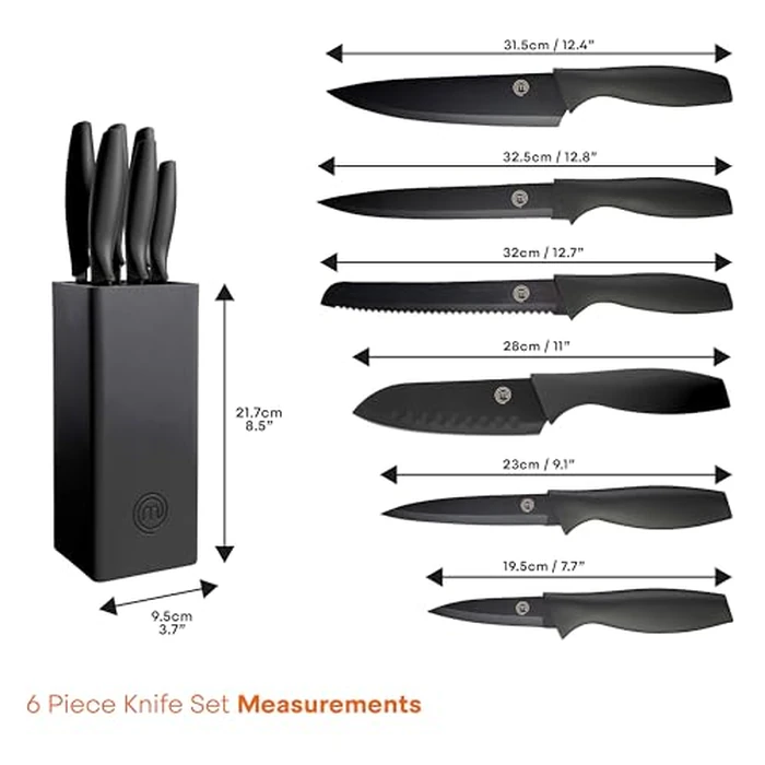 MasterChef Knife Set with Block, 6 Kitchen Knives and a Universal Knife Holder, Extra Sharp Stainless Steel Blades for Precise Cutting with Non Stick Coating & Soft Touch Easy Grip Handles, Black by MasterChef - Image 7