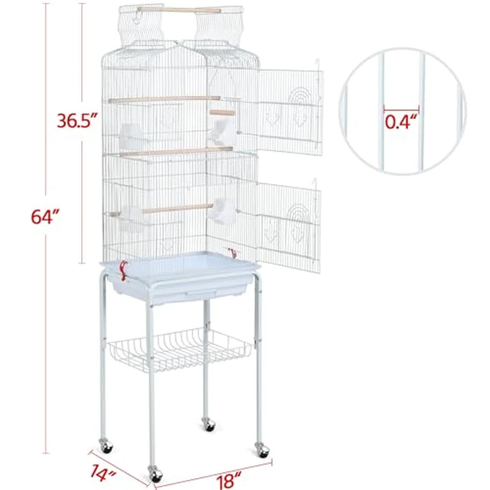 Yaheetech Play Open Top Bird Cage for Cockatiel Quaker Parrot Sun Parakeet Green Cheek Conure Finch Budgie Lovebird Parrotlet Canary Pet Bird Cage with Stand, White by Yaheetech - Image 3