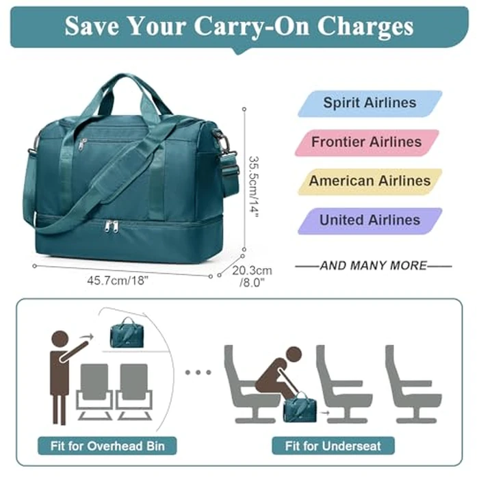 Travel Duffel Bag for Women, Carry-on Overnight Weekender Bags with Wet Pocket, For Spirit Airlines 18x14x8 Personal Item Bag,Small,Peacock Blue by SYCNB - Image 2