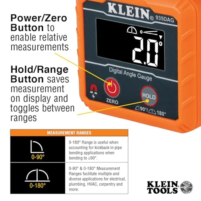 Klein Tools 935DAG Digital Electronic Level and Angle Gauge, Measures 0 - 90 and 0 - 180 Degree Ranges, Measures and Sets Angles by KLEIN TOOLS - Image 4
