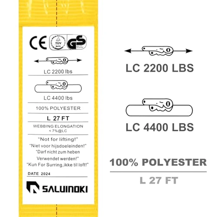 SALUINOKI 12Pack Truck Ratchet Straps Heavy Duty Yellow J Hook 2 inch x 27ft Truck Tie Down Straps Cargo Straps Ratcheting 6600lbs Working Load, 10000lbs Break Srength by SALUINOKI - Image 4