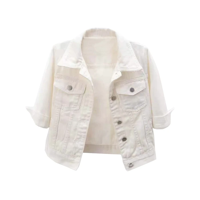 Locachy Womens 3/4 Sleeve Short Denim Jacket Lapel Button Down Cropped Trucker Jean Jackets Coats White S by Locachy - Used - Like New condition - US$31.24