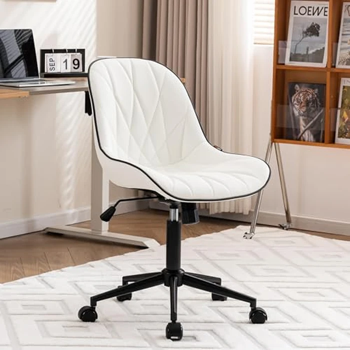 YOUNIKE White Office Chair Desk Chair, Comfy Home Office Desk Chairs with Wheels, Modern Swivel Armless Desk Chair Cute, Small Faux Leather Padded Computer Chairs, Loads up to 300LBS by YOUNIKE - Used - Very Good condition - CA$113.73