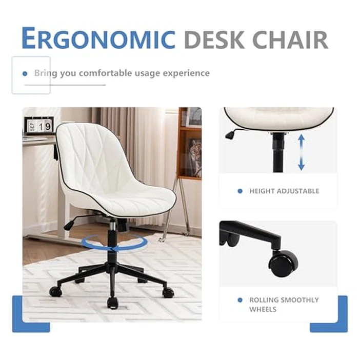 YOUNIKE White Office Chair Desk Chair, Comfy Home Office Desk Chairs with Wheels, Modern Swivel Armless Desk Chair Cute, Small Faux Leather Padded Computer Chairs, Loads up to 300LBS by YOUNIKE - Image 5