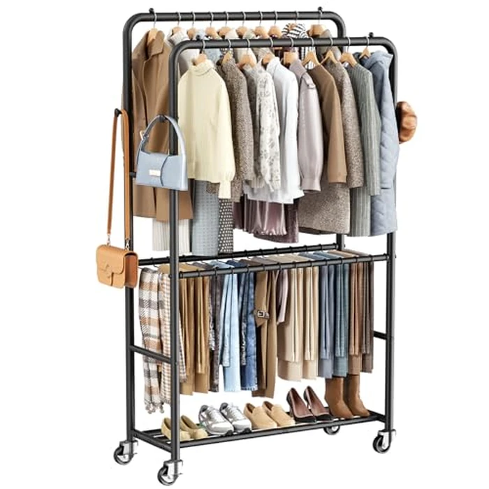 ZHKINGGS Clothes Racks for Hanging Clothes, Rolling Clothing Rack with Pants Rack, Side Hooks & Shoe Shelf, Portable Garment Rack for Bedroom, Laundry Room, Clothing Store, Closet, Black by ZHKINGGS - Used - Good condition - US$48.57