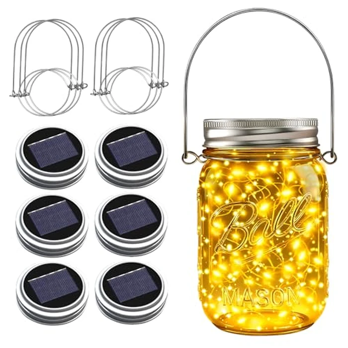 ZNYCYE Solar Mason Jar Lights for Outside, 6 Pack 30 Led Fairy Lights Mason Jar Lids Outdoor Waterproof String Lights with Hangers(No Jars) for DIY Wedding Party Patio Garden Yard Decor(Warm White) by ZNYCYE - Image 1