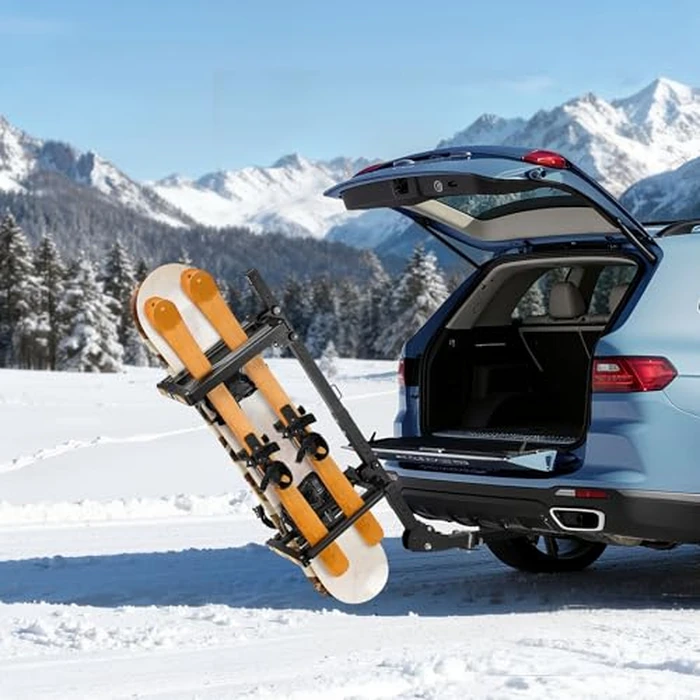 VEVOR Folding Hitch Mounted Ski & Snowboard Rack, Fits 2-Inch Receiver, Carries up to 6 Pairs of Skis or 4 Snowboards, Adjustable Hitch-Mounted Rack for Car with Key Lock, Security Strap, Tilt Access by VEVOR - Image 2