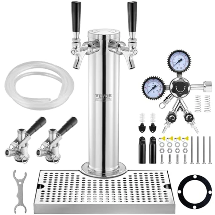 VEVOR Kegerator Tower Kit, Dual Taps Beer Conversion Kit, Stainless Steel Keg Beer Tower Dispenser with Dual Gauge CGA320 Regulator & D-System Keg Coupler, Beer Drip Tray for Party Home by VEVOR - Used - Like New condition