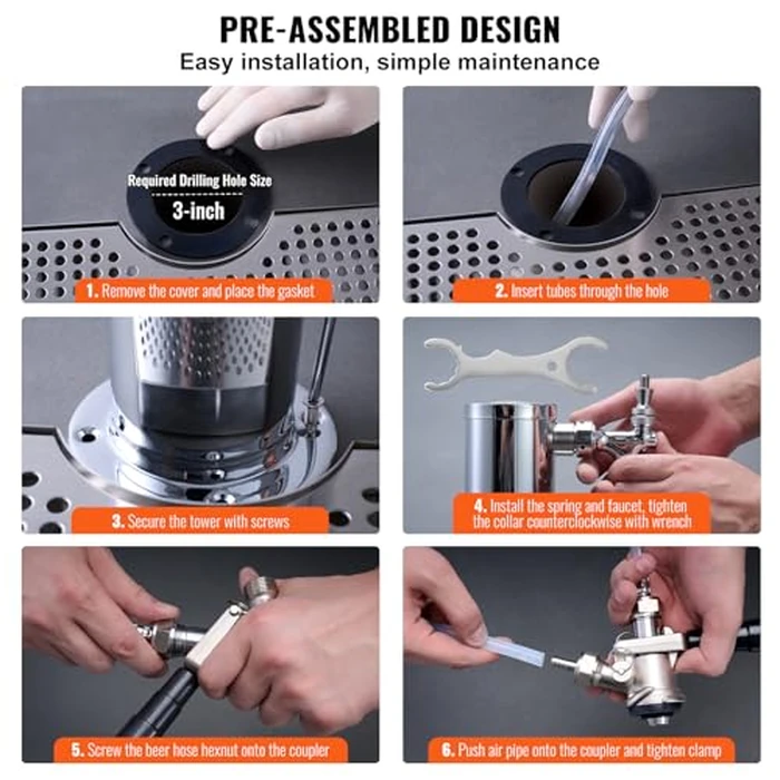 VEVOR Kegerator Tower Kit, Dual Taps Beer Conversion Kit, Stainless Steel Keg Beer Tower Dispenser with Dual Gauge CGA320 Regulator & D-System Keg Coupler, Beer Drip Tray for Party Home by VEVOR - Image 6