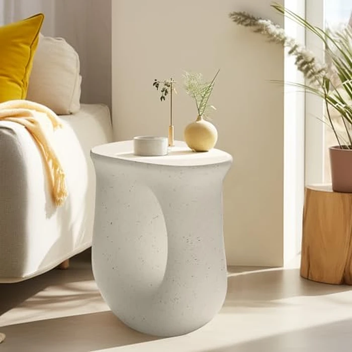 Lightweight Concrete Outdoor Side Table: U-Shaped End Desk for Home Decor - Geometric Accent Tables Patio Garden Stool - White Small Coffee Table by Wisfor - Used - Very Good condition - CA$92.47