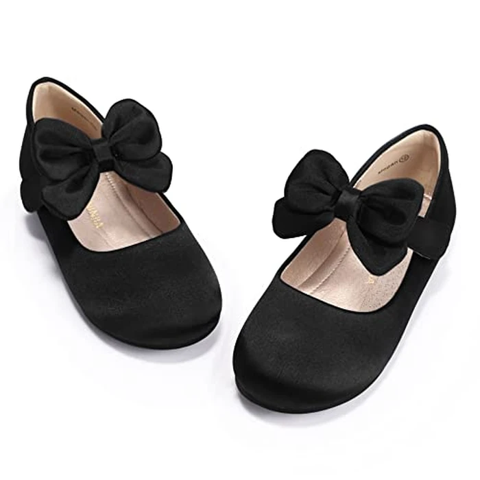 PANDANINJIA Girls Toddler/Little Kid Megan Dress Flats Shoes Pearls Bow Flower Girl Ballet Flat Mary Jane(Black Silk, 7 M US Toddler) by PANDANINJIA - Image 1