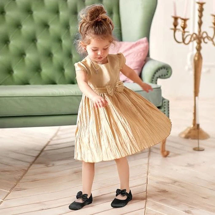 PANDANINJIA Girls Toddler/Little Kid Megan Dress Flats Shoes Pearls Bow Flower Girl Ballet Flat Mary Jane(Black Silk, 7 M US Toddler) by PANDANINJIA - Image 2