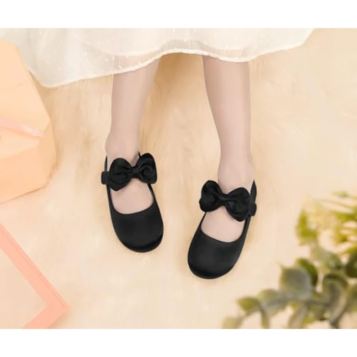 PANDANINJIA Girls Toddler/Little Kid Megan Dress Flats Shoes Pearls Bow Flower Girl Ballet Flat Mary Jane(Black Silk, 7 M US Toddler) by PANDANINJIA - Image 3