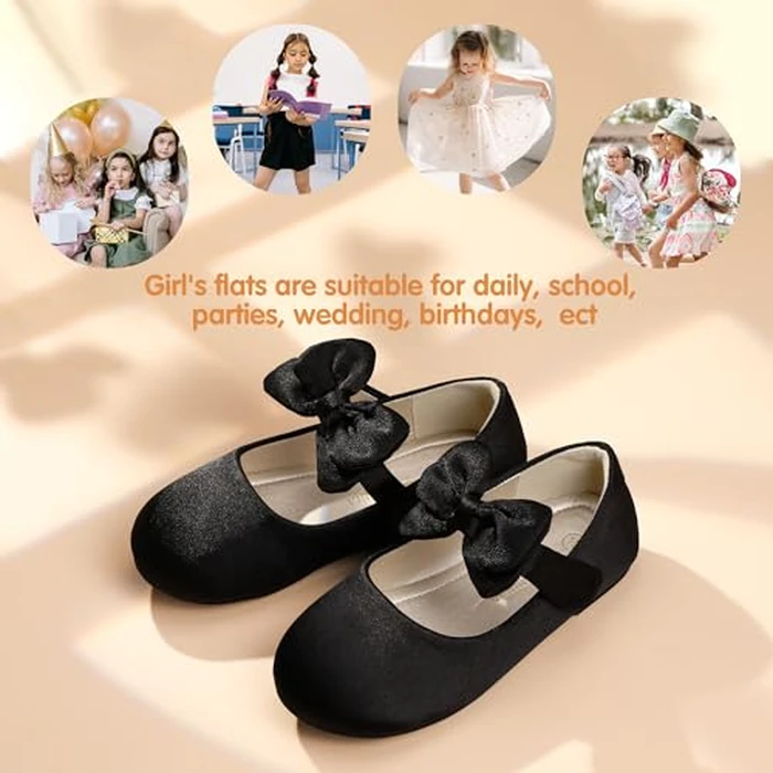 PANDANINJIA Girls Toddler/Little Kid Megan Dress Flats Shoes Pearls Bow Flower Girl Ballet Flat Mary Jane(Black Silk, 7 M US Toddler) by PANDANINJIA - Image 5