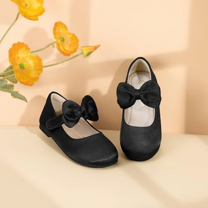 PANDANINJIA Girls Toddler/Little Kid Megan Dress Flats Shoes Pearls Bow Flower Girl Ballet Flat Mary Jane(Black Silk, 7 M US Toddler) by PANDANINJIA - Image 6